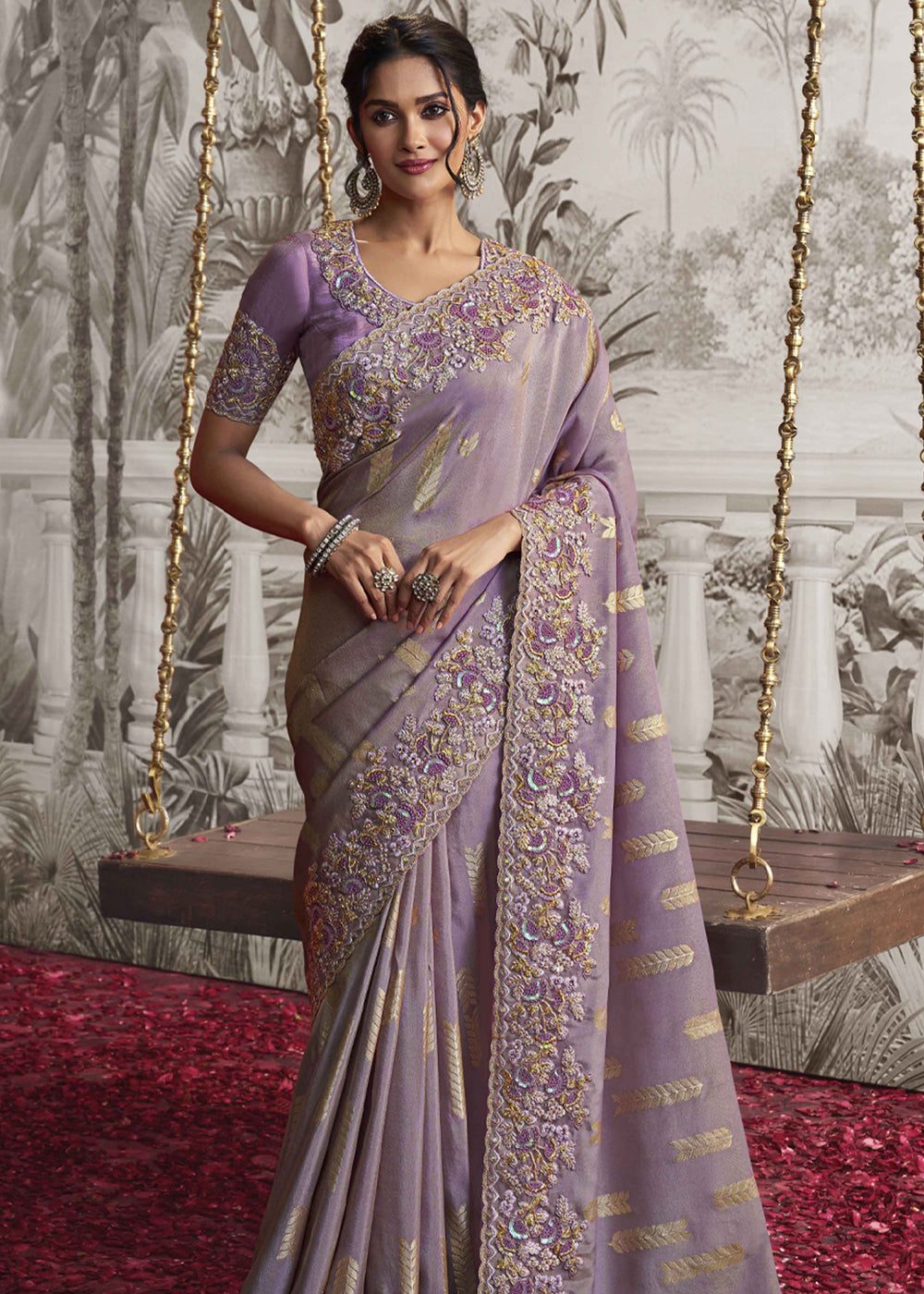 Heather Purple Embroidered Designer Silk Saree