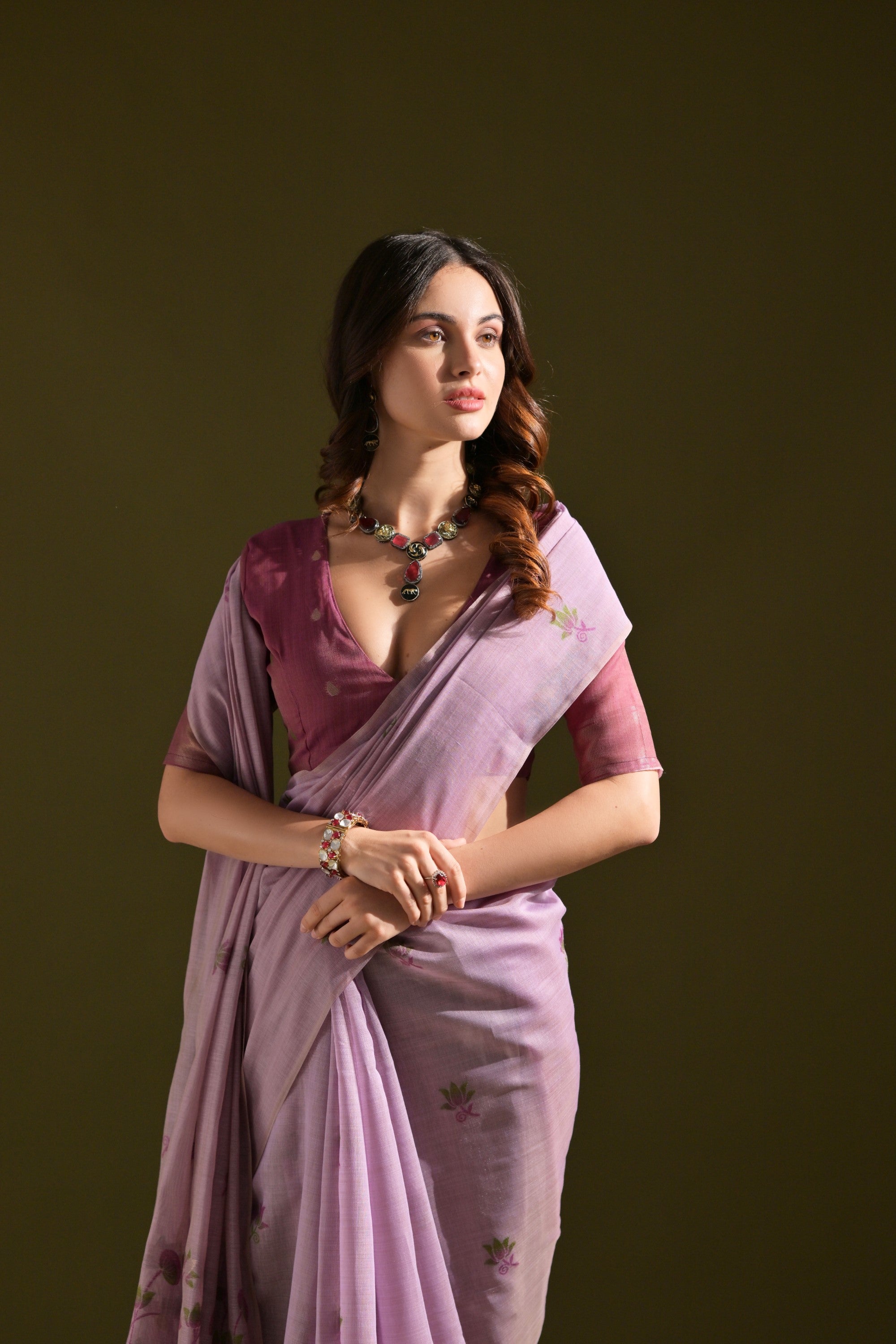 Falcon Purple Meenakari Woven Muga Cotton Saree