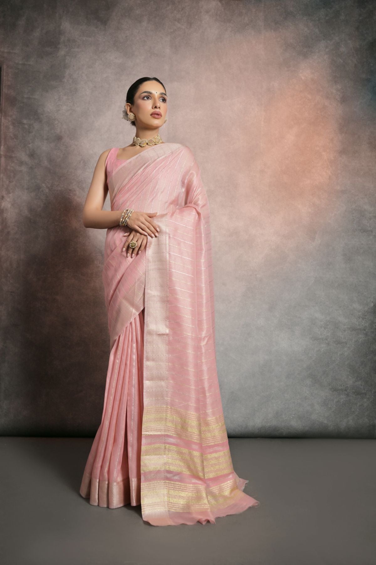 Eunry Pink Tissue Cotton Saree