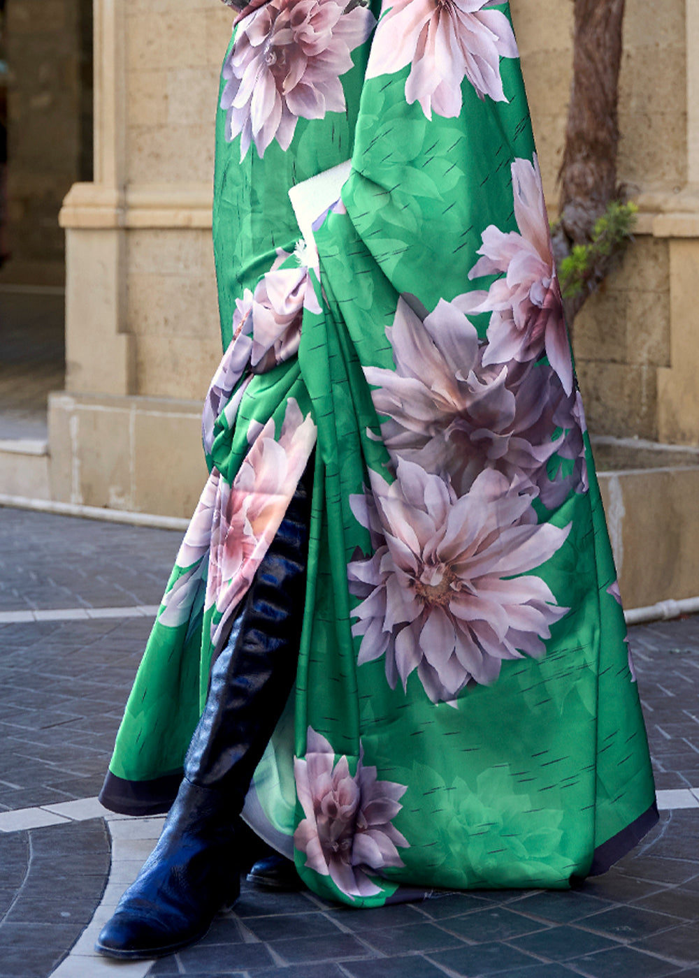 Shamrock Green Digital Printed Satin Silk Saree