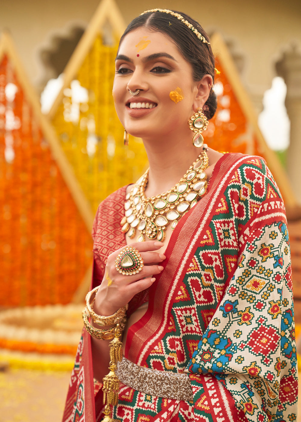 Malta Grey and Red Printed Patola Silk Saree