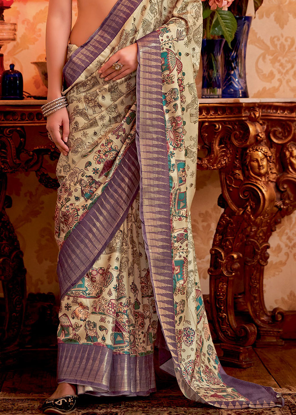 Clime Cream and Purple Manipuri Temple Printed Silk Saree