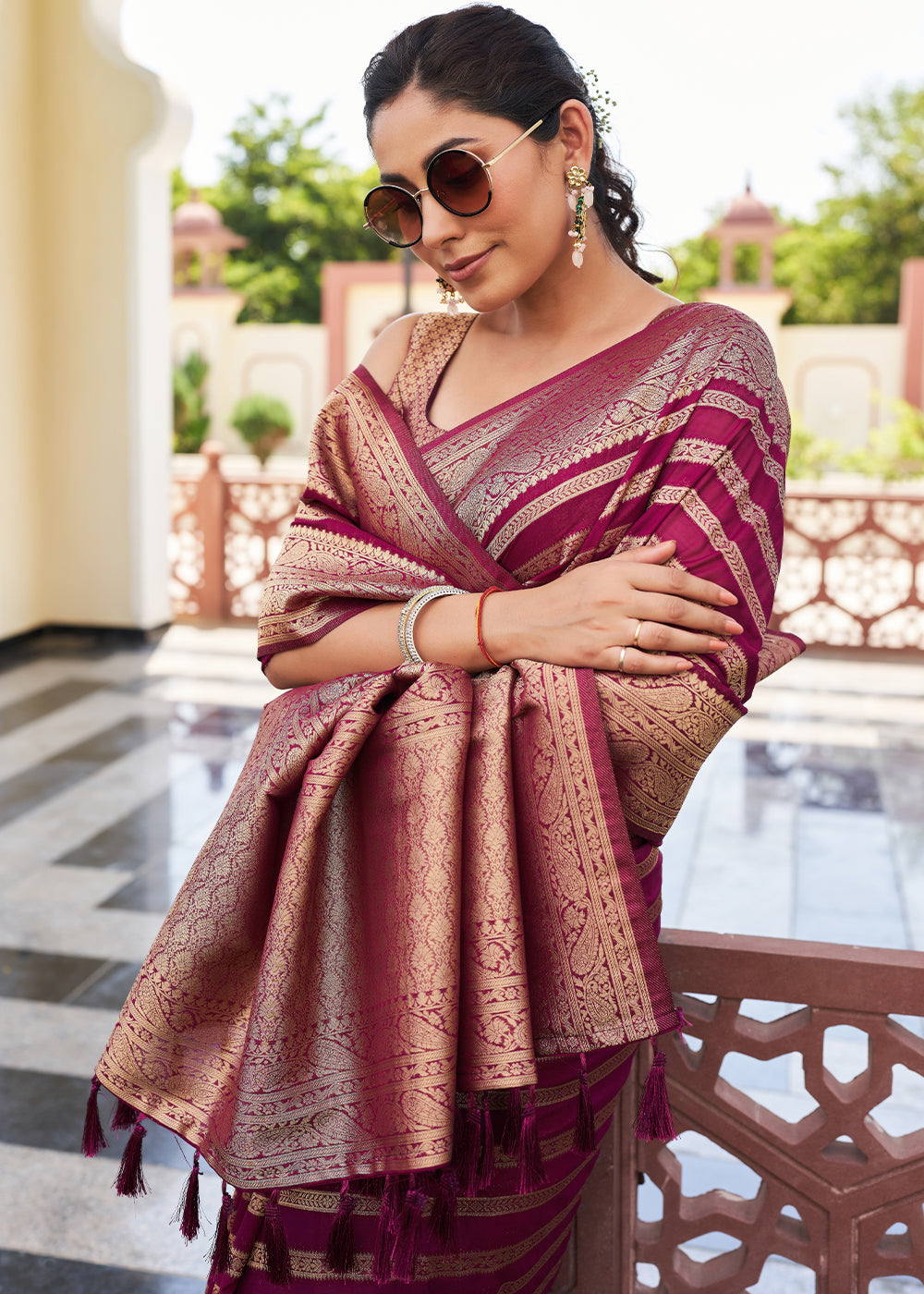 Rose Bud Cherry Purple Woven Lehriya Georgette Saree