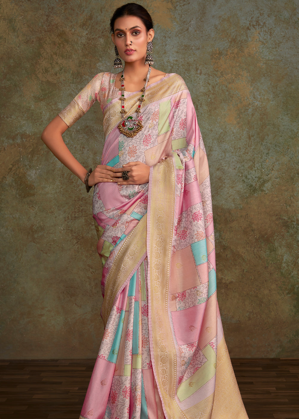 Turkish Rose Pink Digital Printed Soft Silk Saree