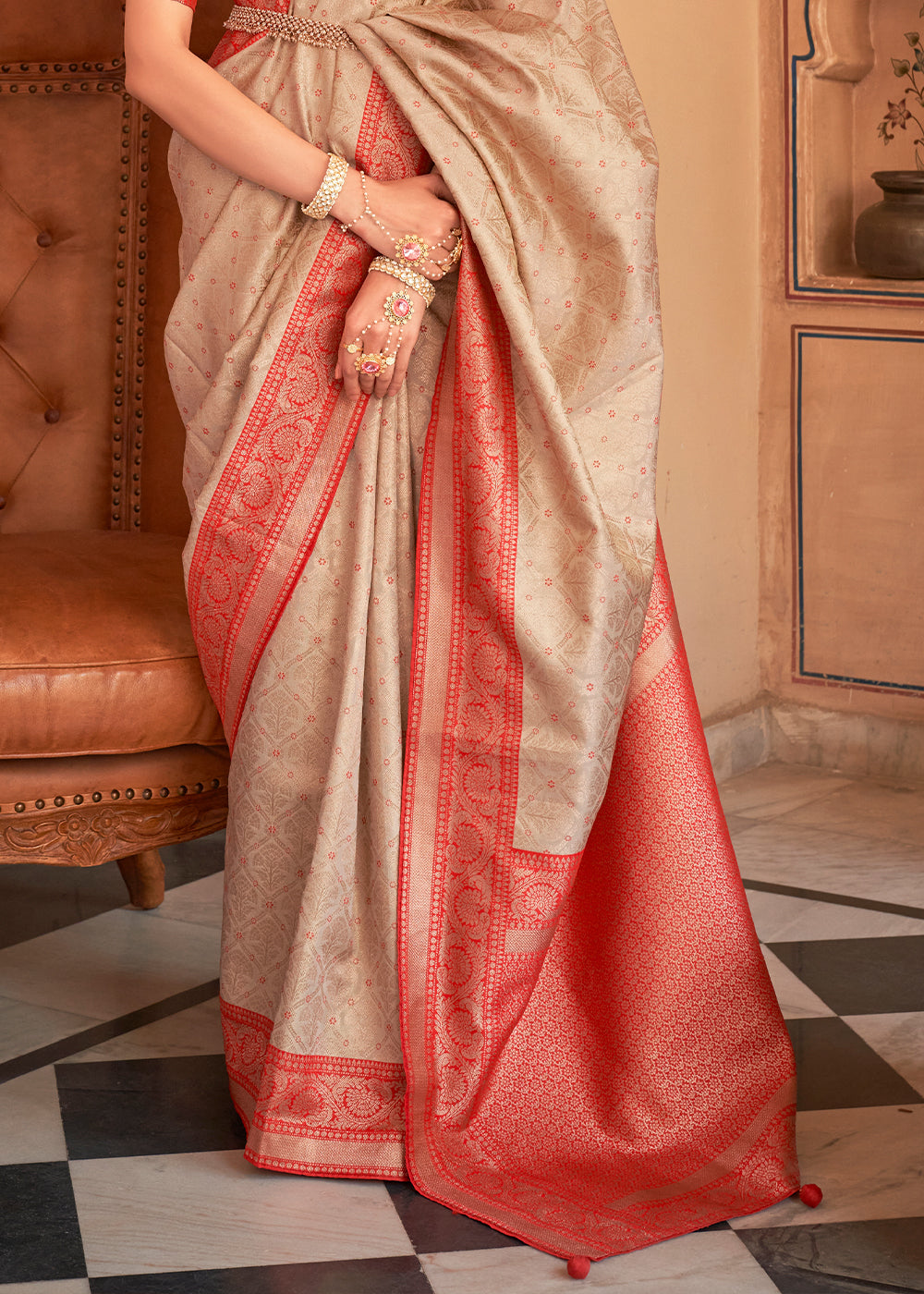 Tumbleweed Cream Zari Woven Banarasi Silk Saree