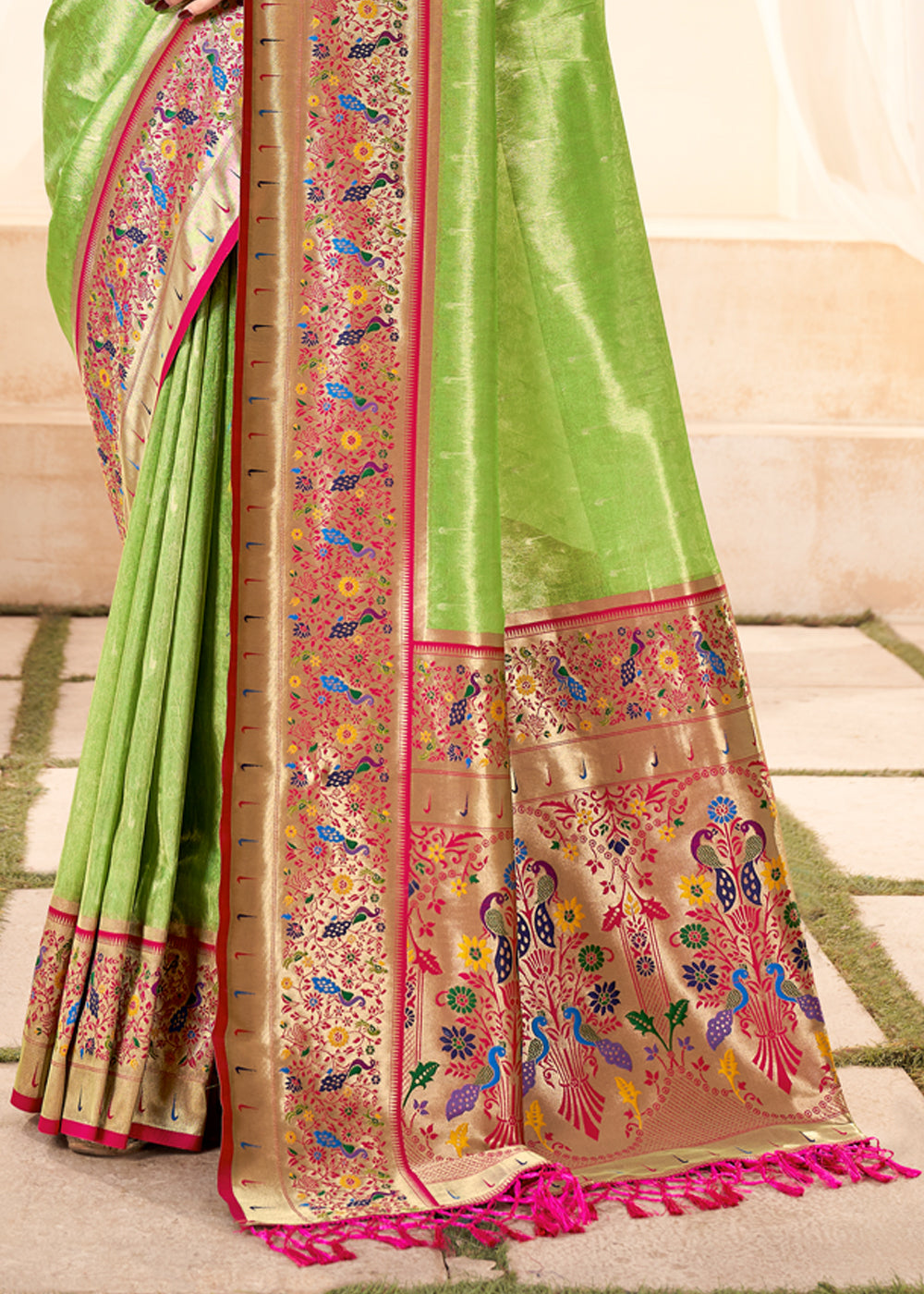 Parrot Green Woven Paithani Tissue Silk Saree