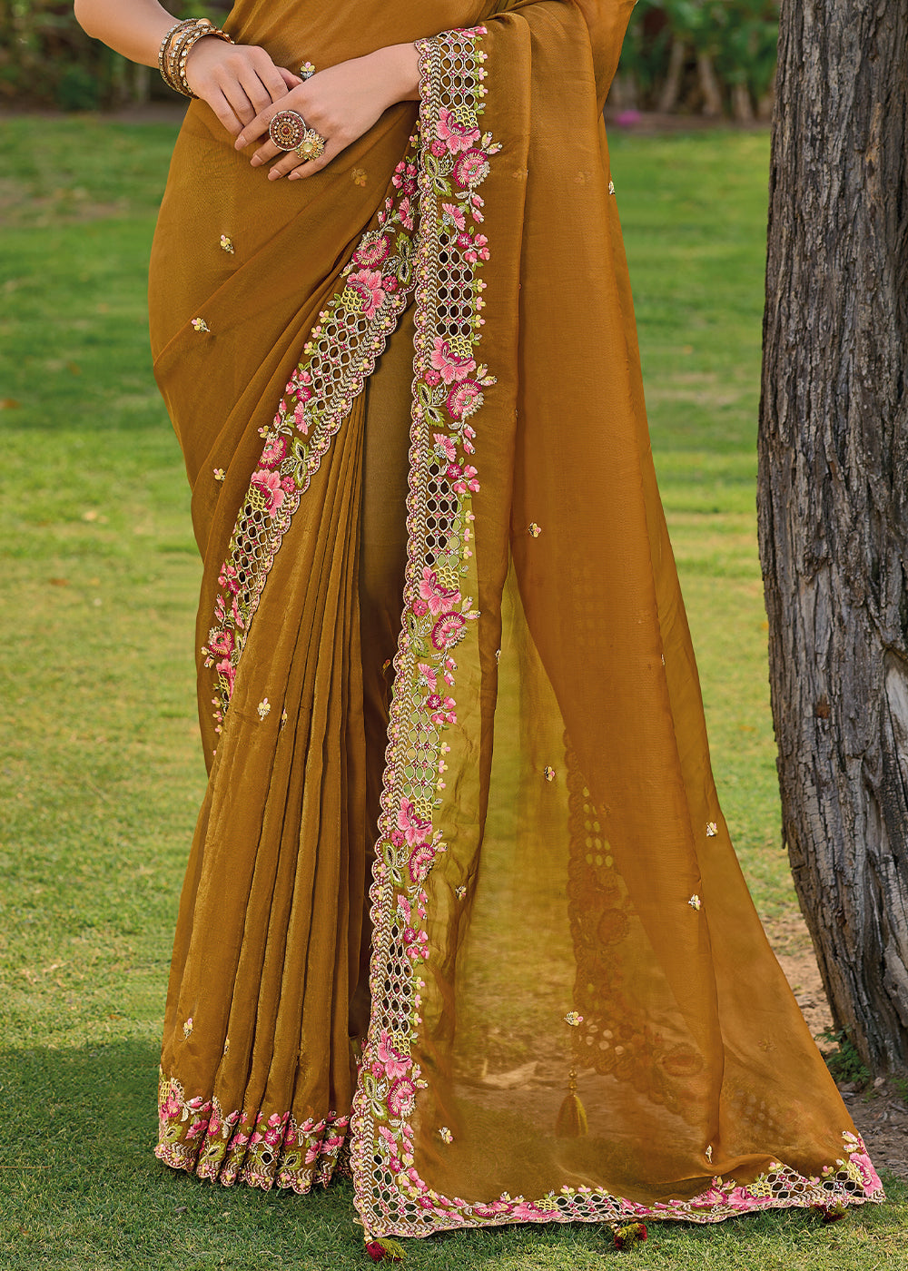 Hawaiian Tan Yellow Tissue Organza Embroidered Silk Saree