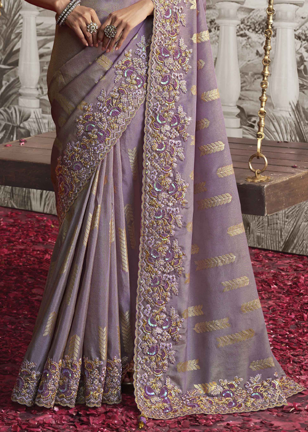 Heather Purple Embroidered Designer Silk Saree