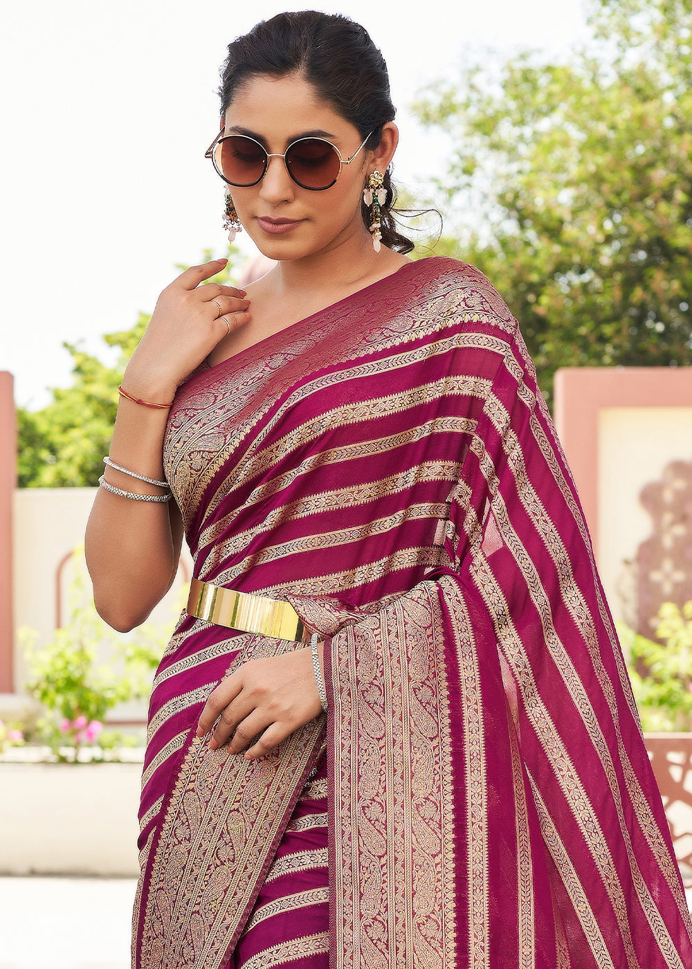 Rose Bud Cherry Purple Woven Lehriya Georgette Saree