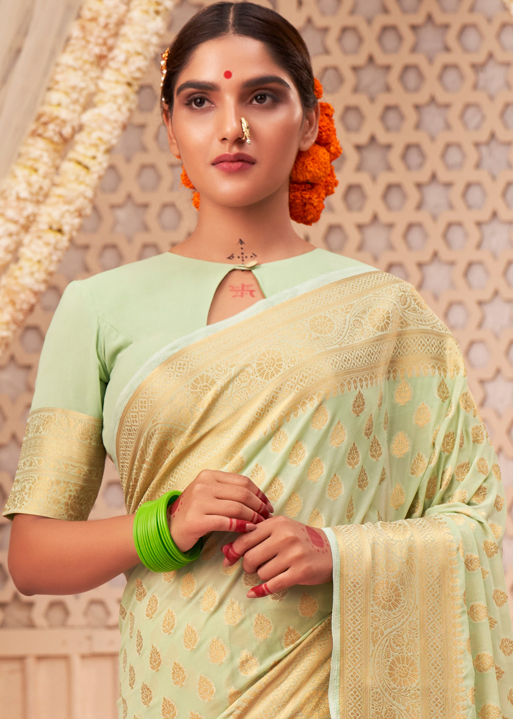 Winter Hazel Green Woven Georgette Saree