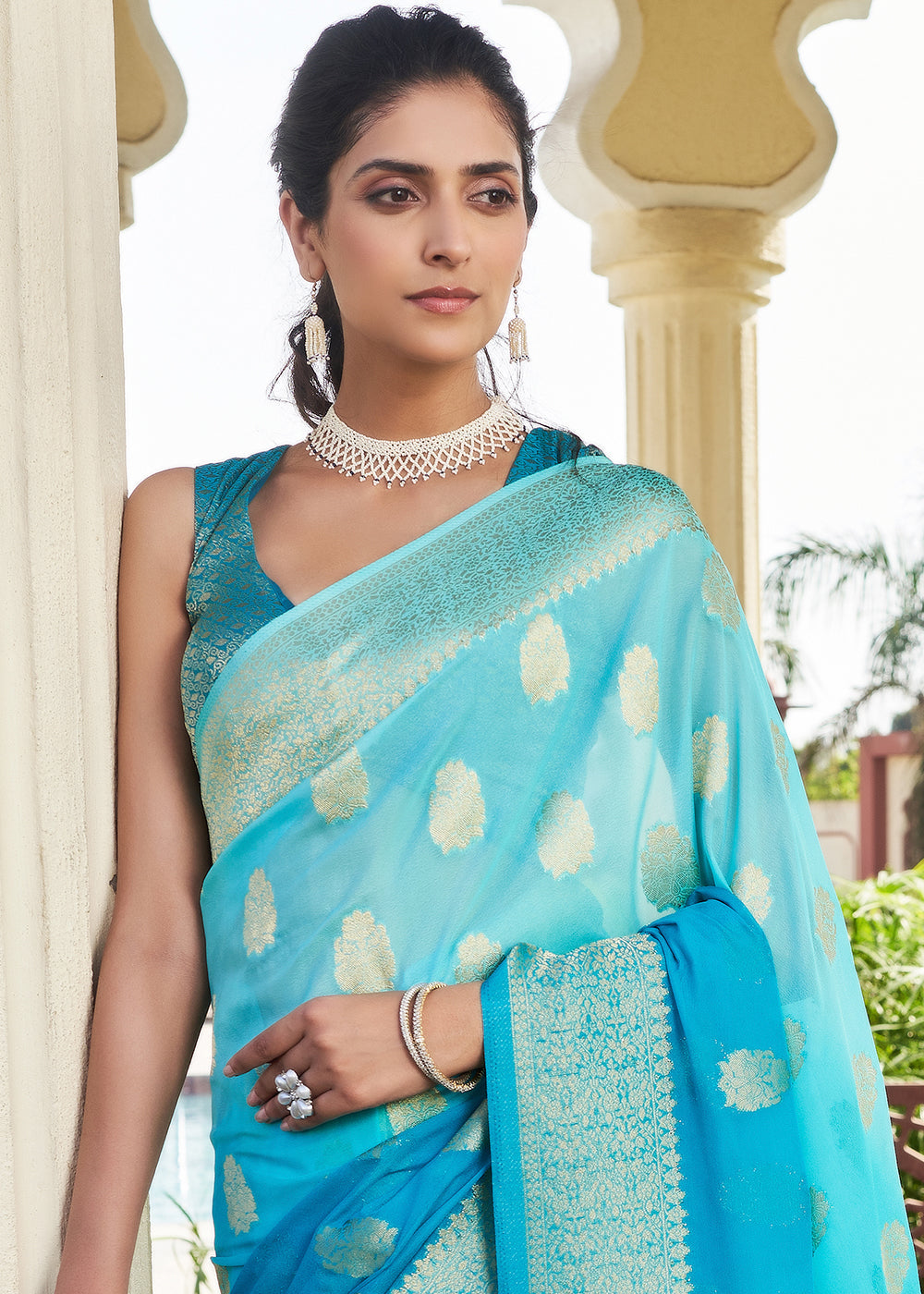 Bondi Blue Zari Woven Georgette Saree