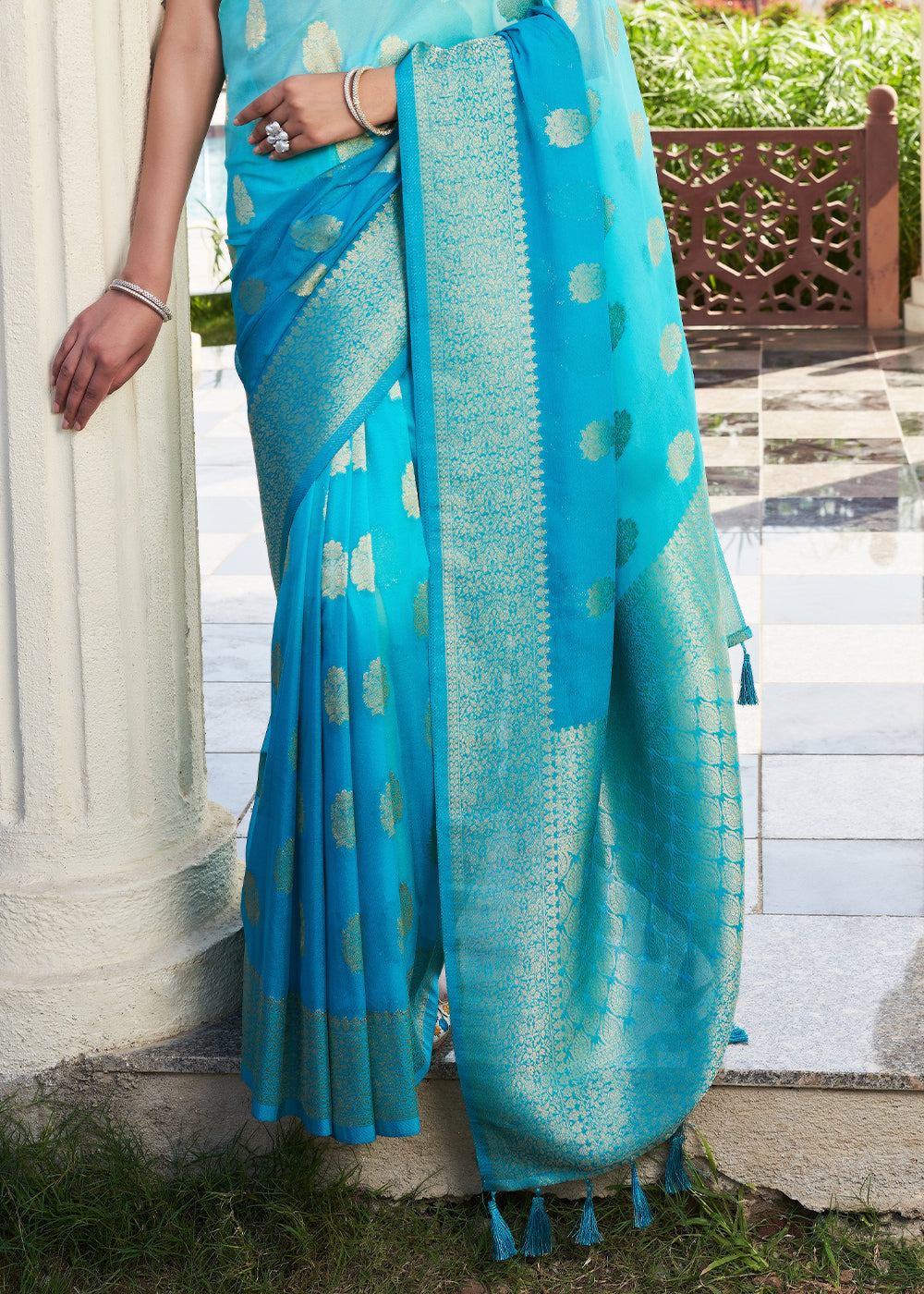 Bondi Blue Zari Woven Georgette Saree