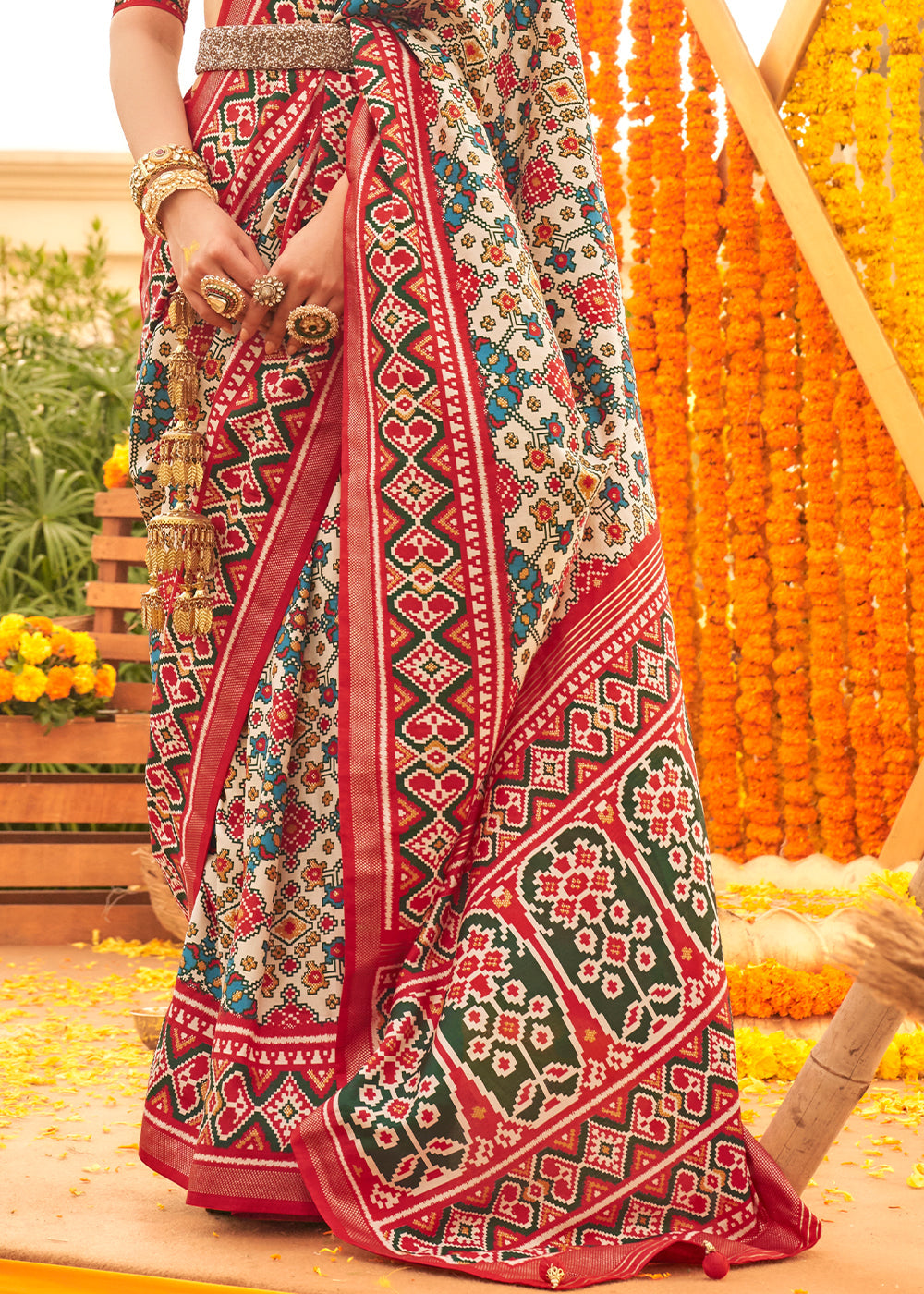 Malta Grey and Red Printed Patola Silk Saree