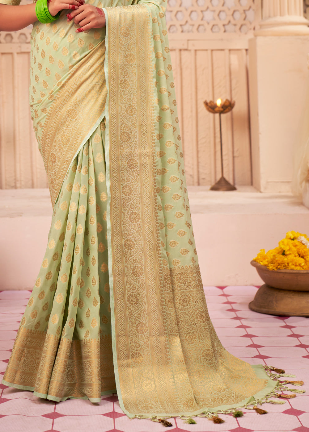 Winter Hazel Green Woven Georgette Saree