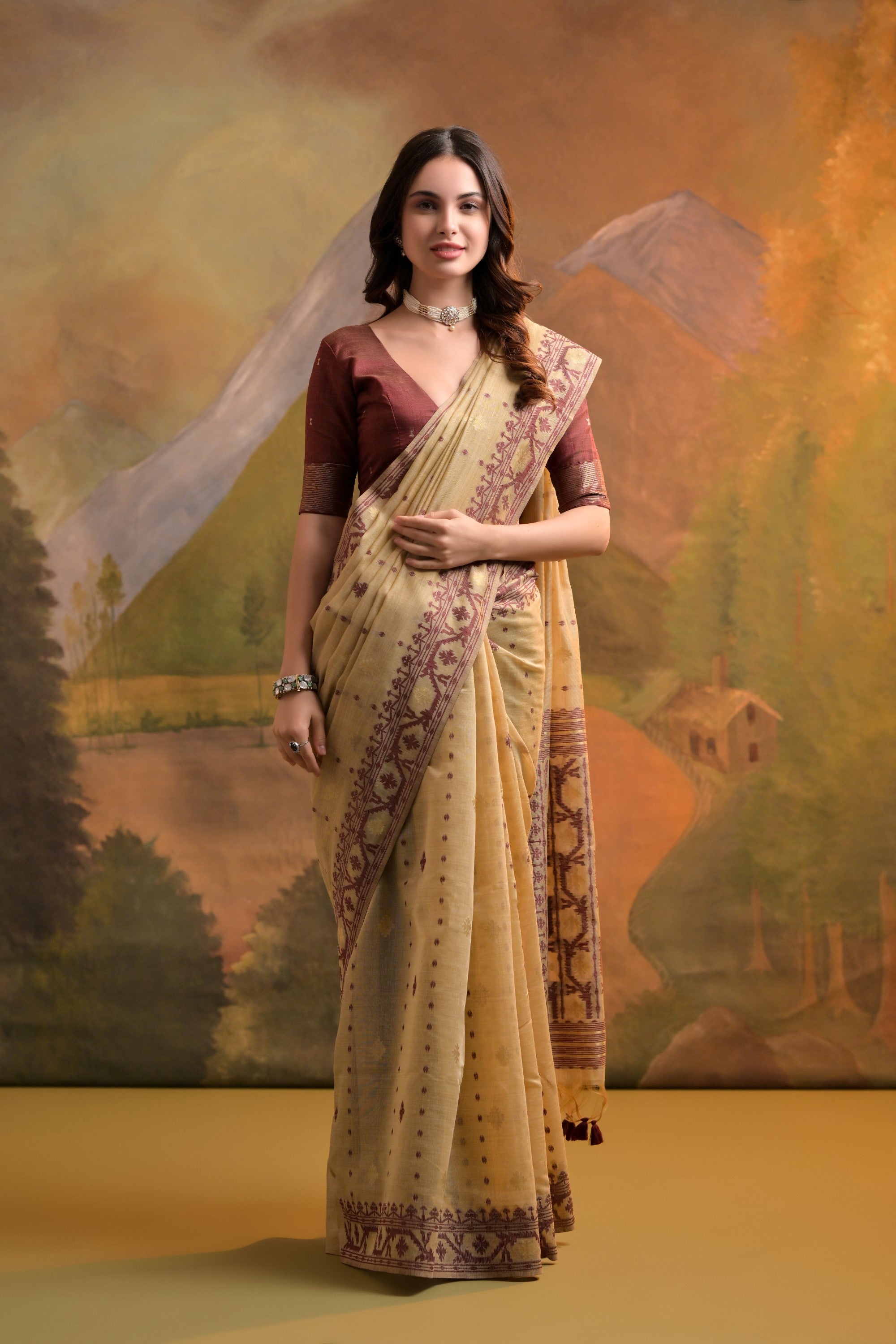 Brandy Cream Jamdani Woven Muga Cotton Saree