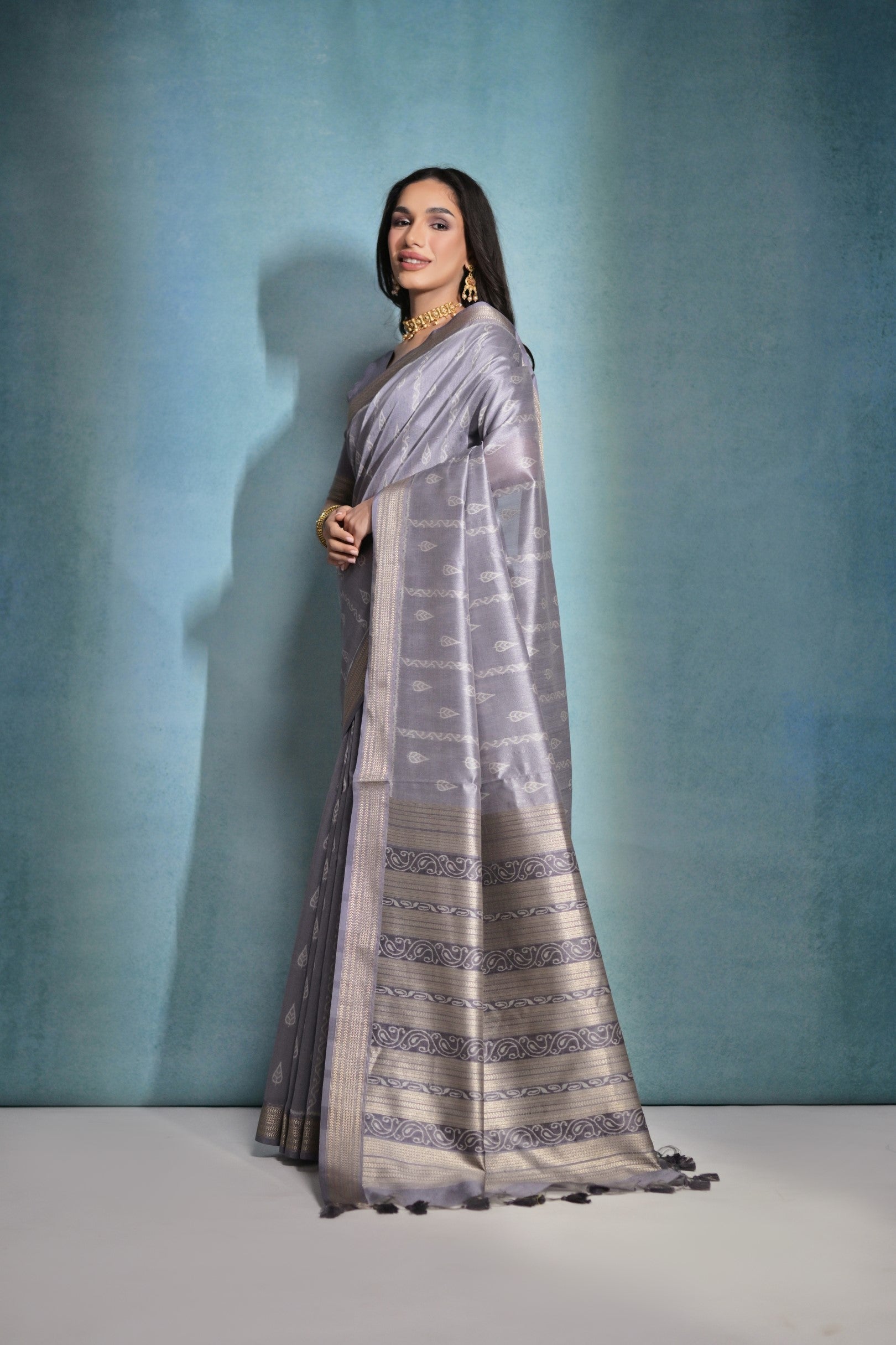 Mountain Mist Grey Ikkat Woven Raw Silk Saree