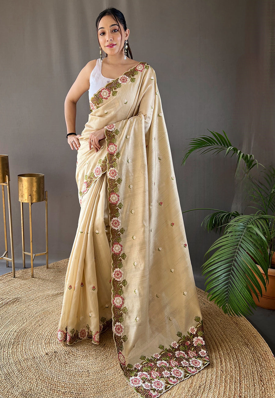 Spanish Craem Embroidered Tussar Silk Saree