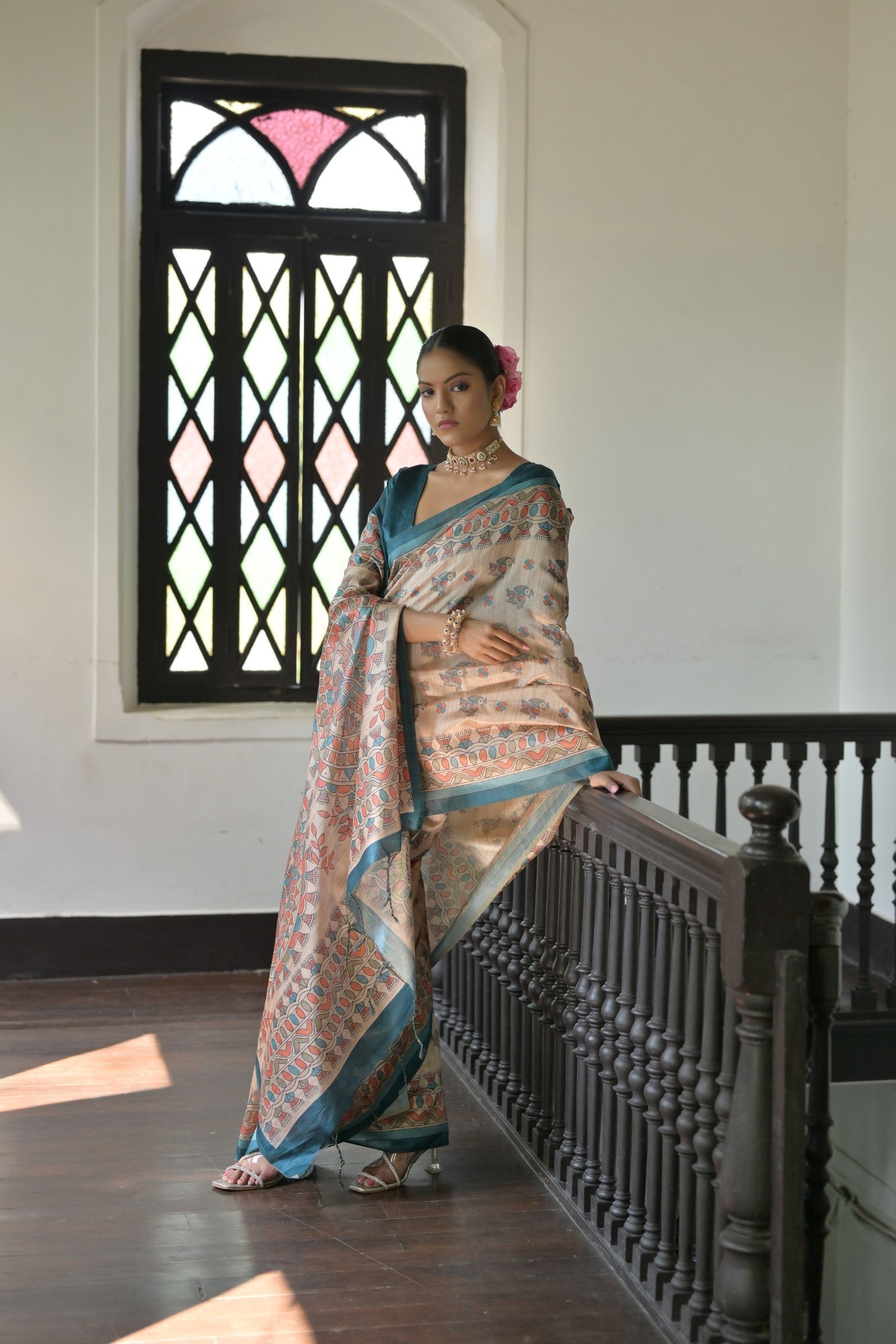 Peach Cream and Green Madhubani Printed Tussar Silk Saree