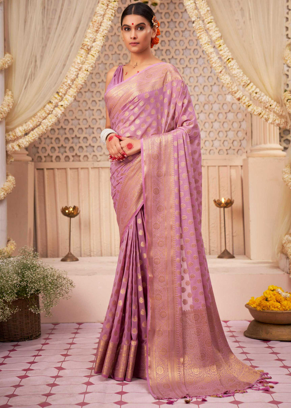 Kobi Pink Woven Georgette Saree