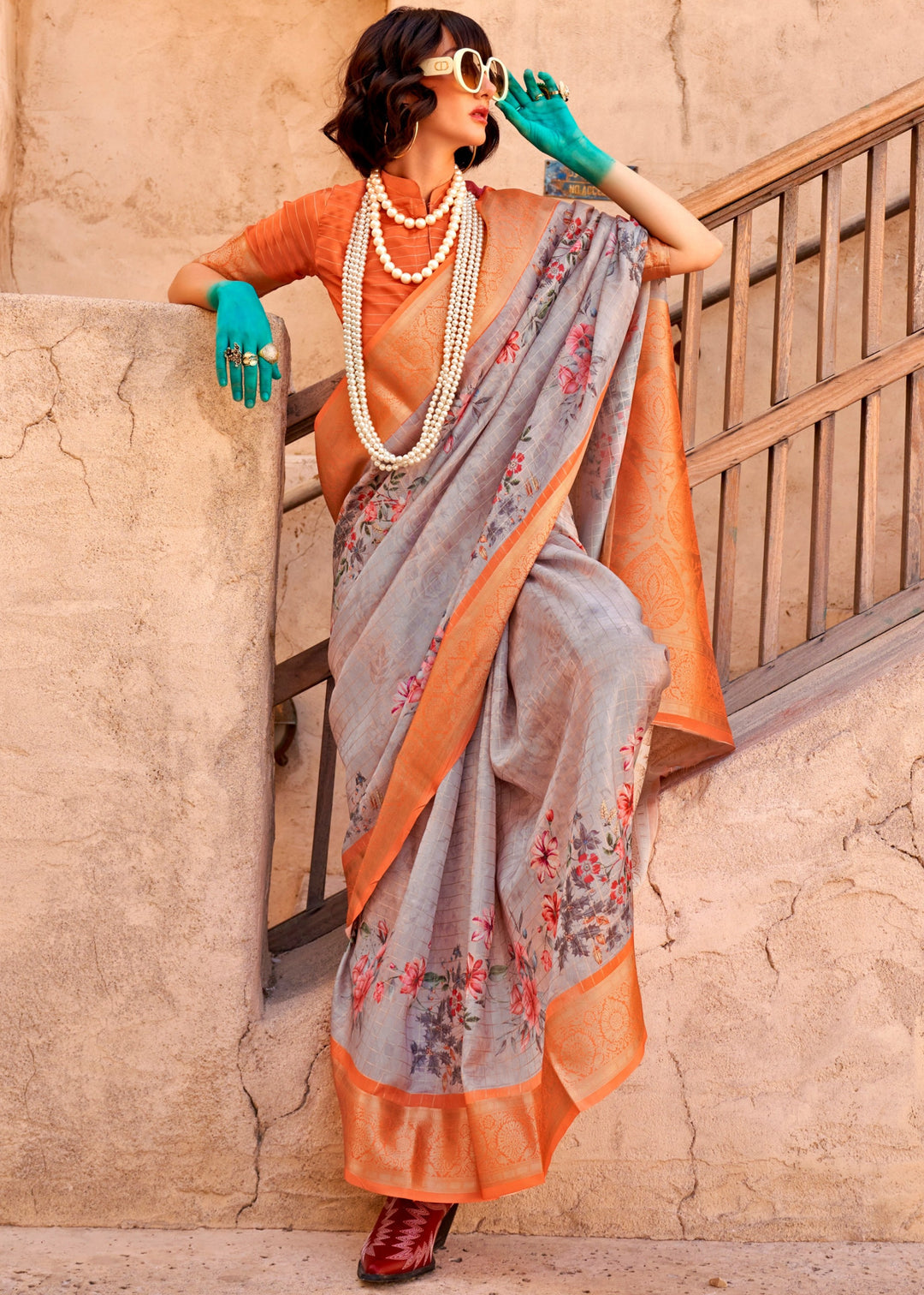 Cloudy Grey and Orange Georgette Handloom Printed Saree