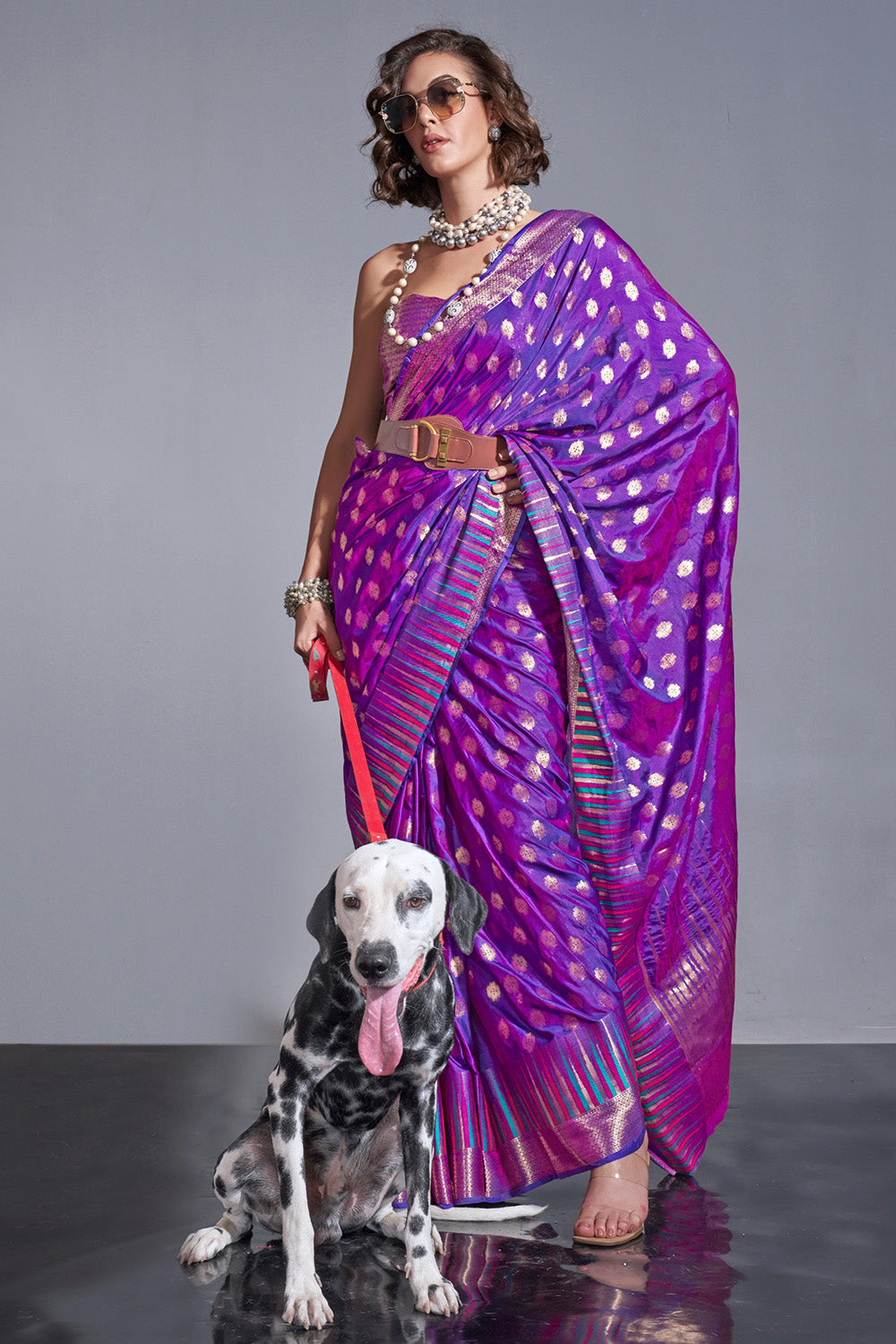 Purple Plum Banarasi Handloom Temple Border Silk Saree