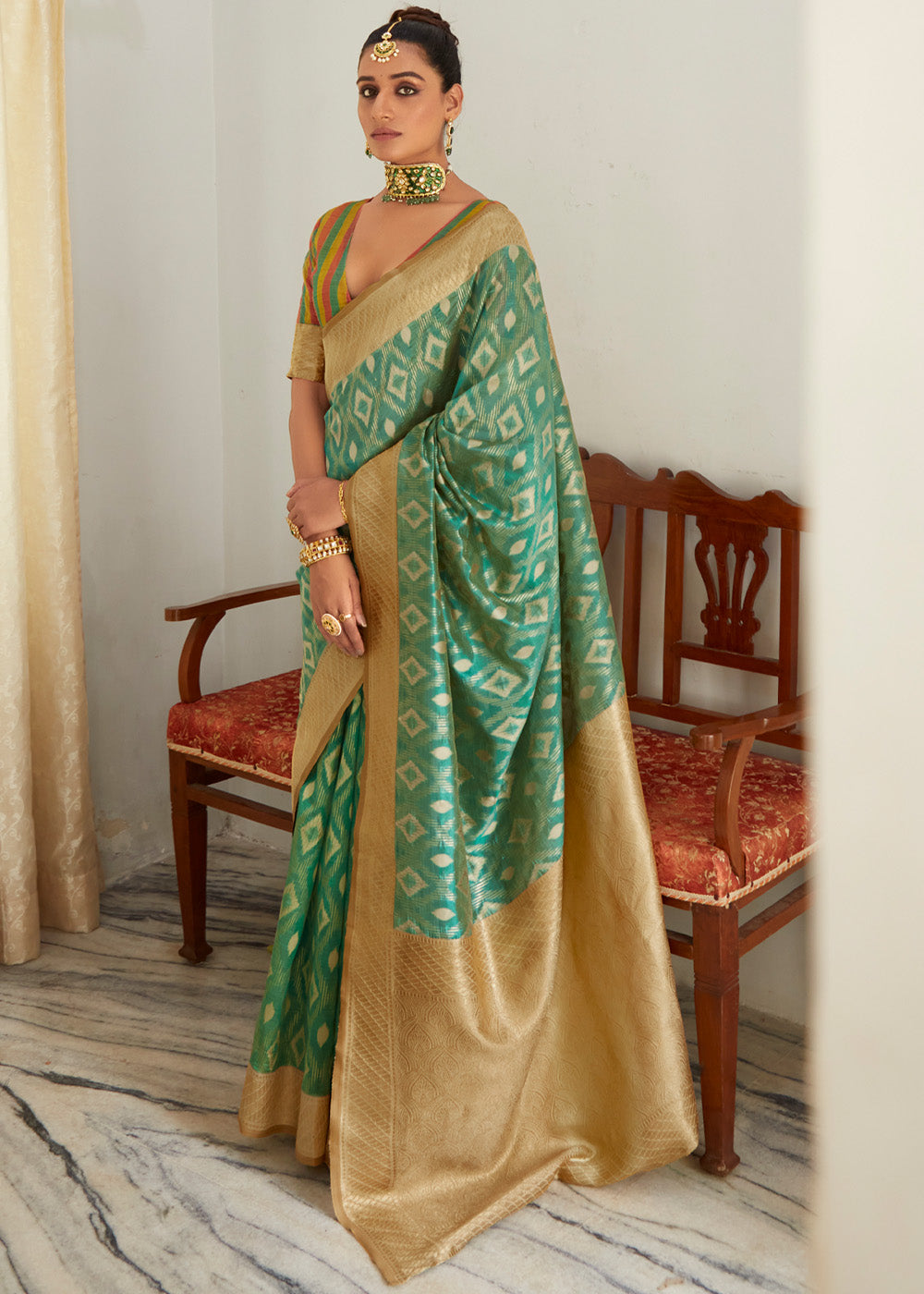 Killarney Green Woven Banarasi Organza Silk Saree