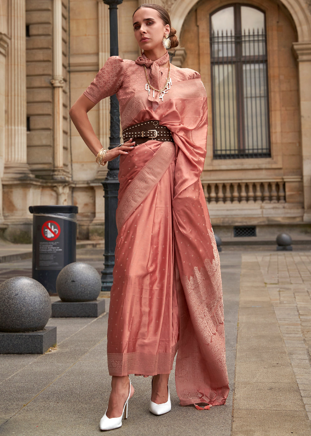 Chestnut Peach Woven Banarasi Satin Silk Saree