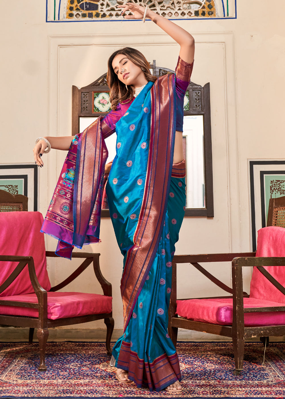 Azure Blue Woven Paithani Soft Silk Saree