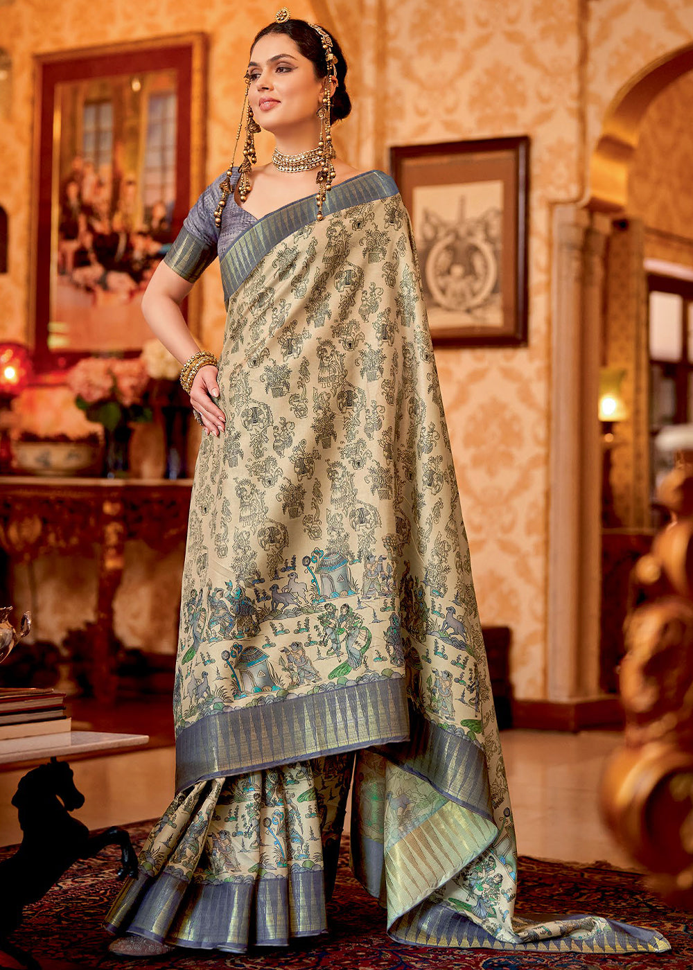 Sorrell Cream and Grey Manipuri Temple Border Printed Silk Saree