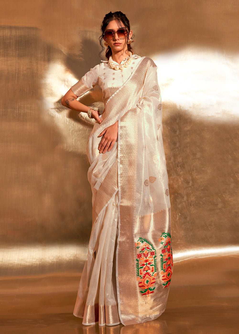 Hampton Cream Handloom Tissue Silk Saree