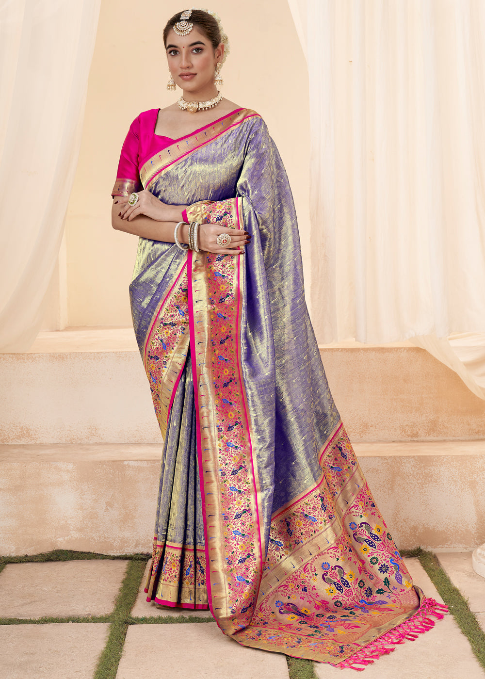 Silver Grey Woven Paithani Tissue Silk Saree