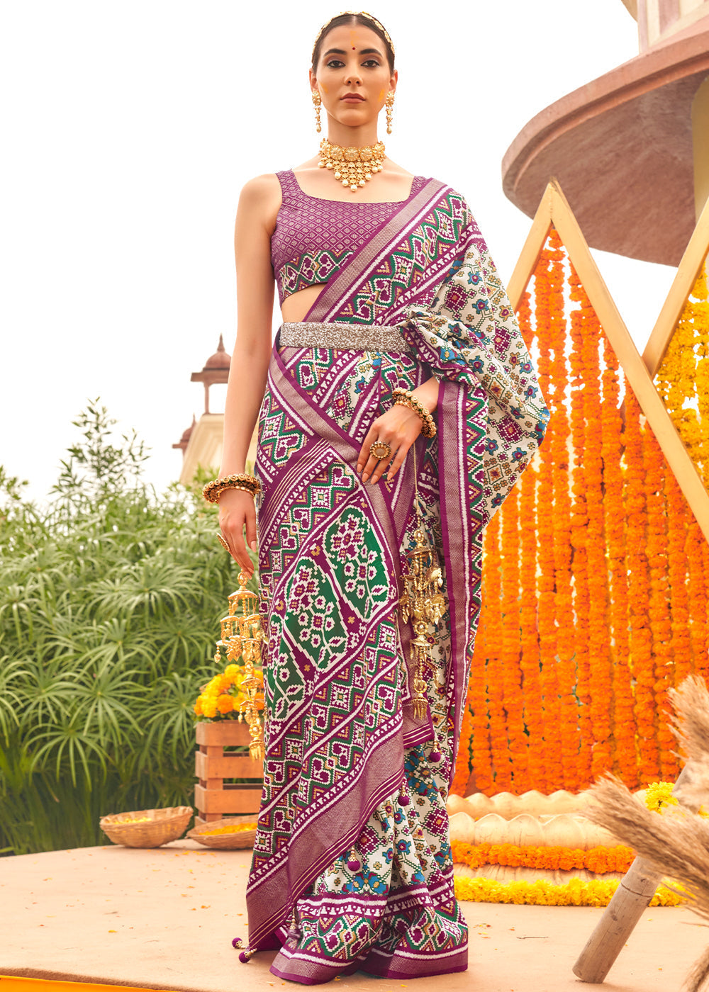 Ferra Purple Printed Patola Silk Saree