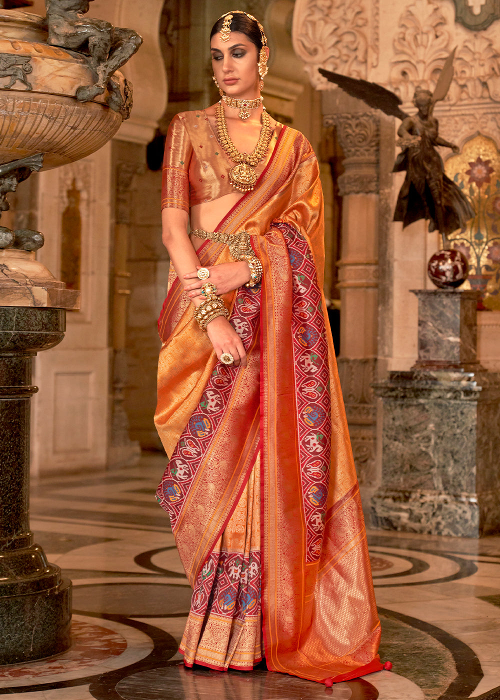 Raw Sienna Orange Zari Woven Banarasi Meenkari Silk Saree