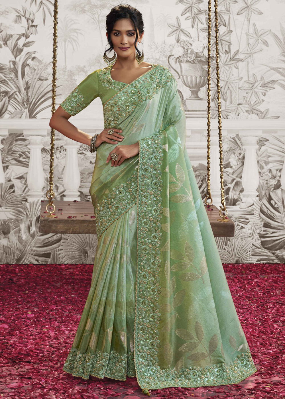 Mint Green Embroidered Designer Silk Saree