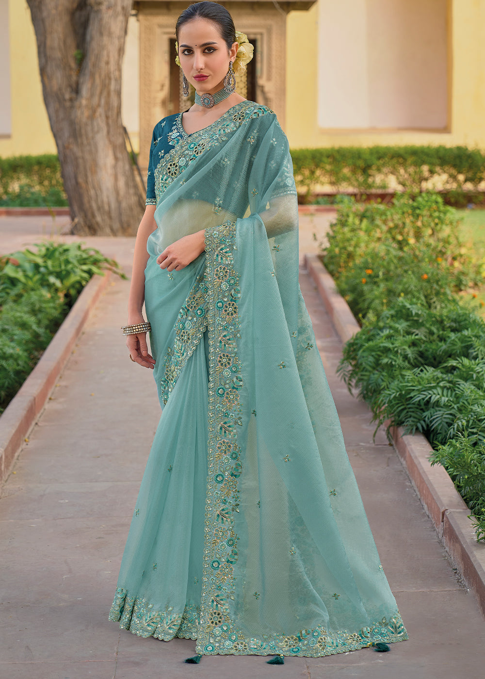 Sea Nymph Blue Tissue Organza Embroidered Silk Saree