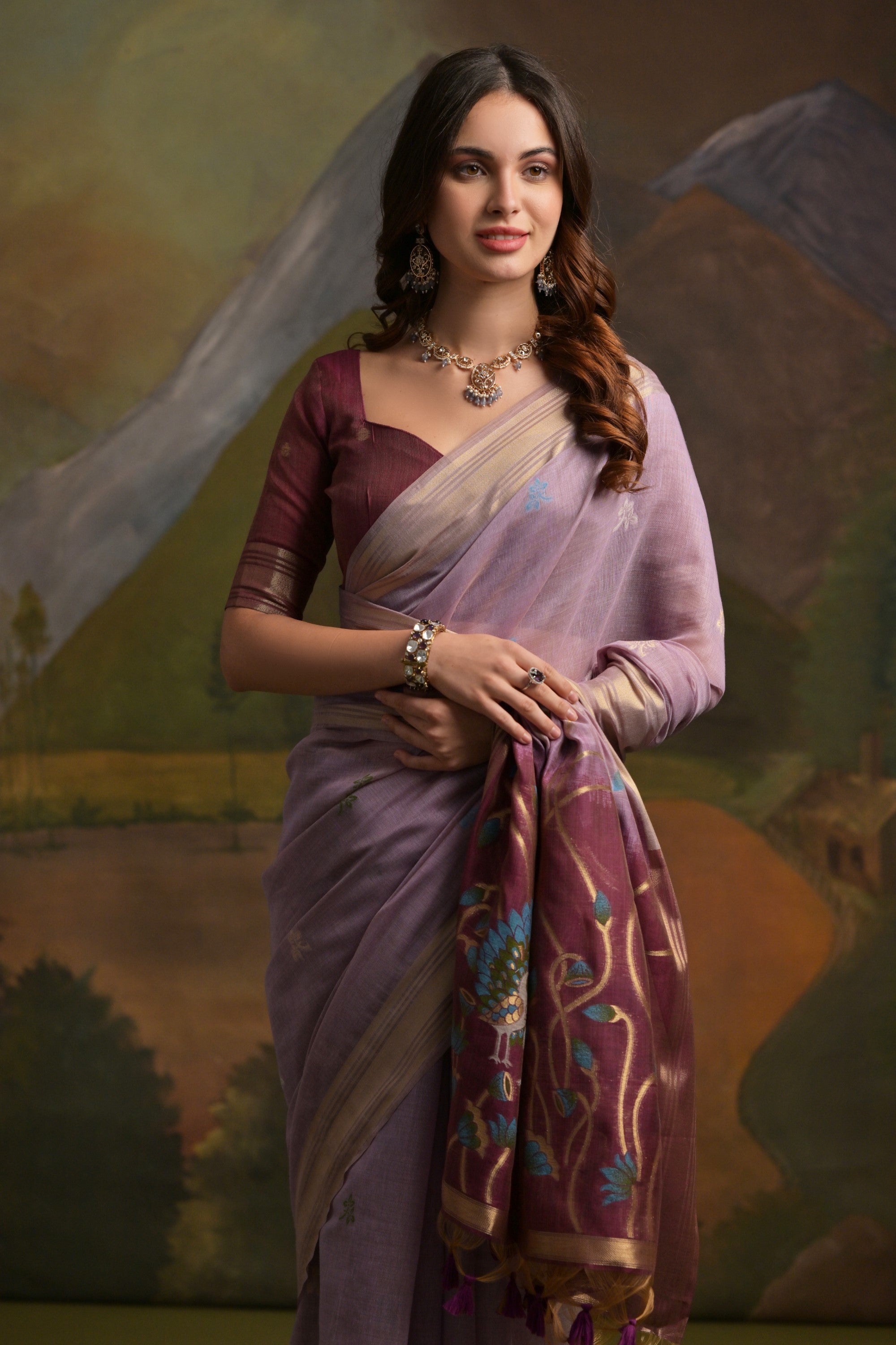 Light Mauve Purple Pichwai Woven Muga Cotton Saree