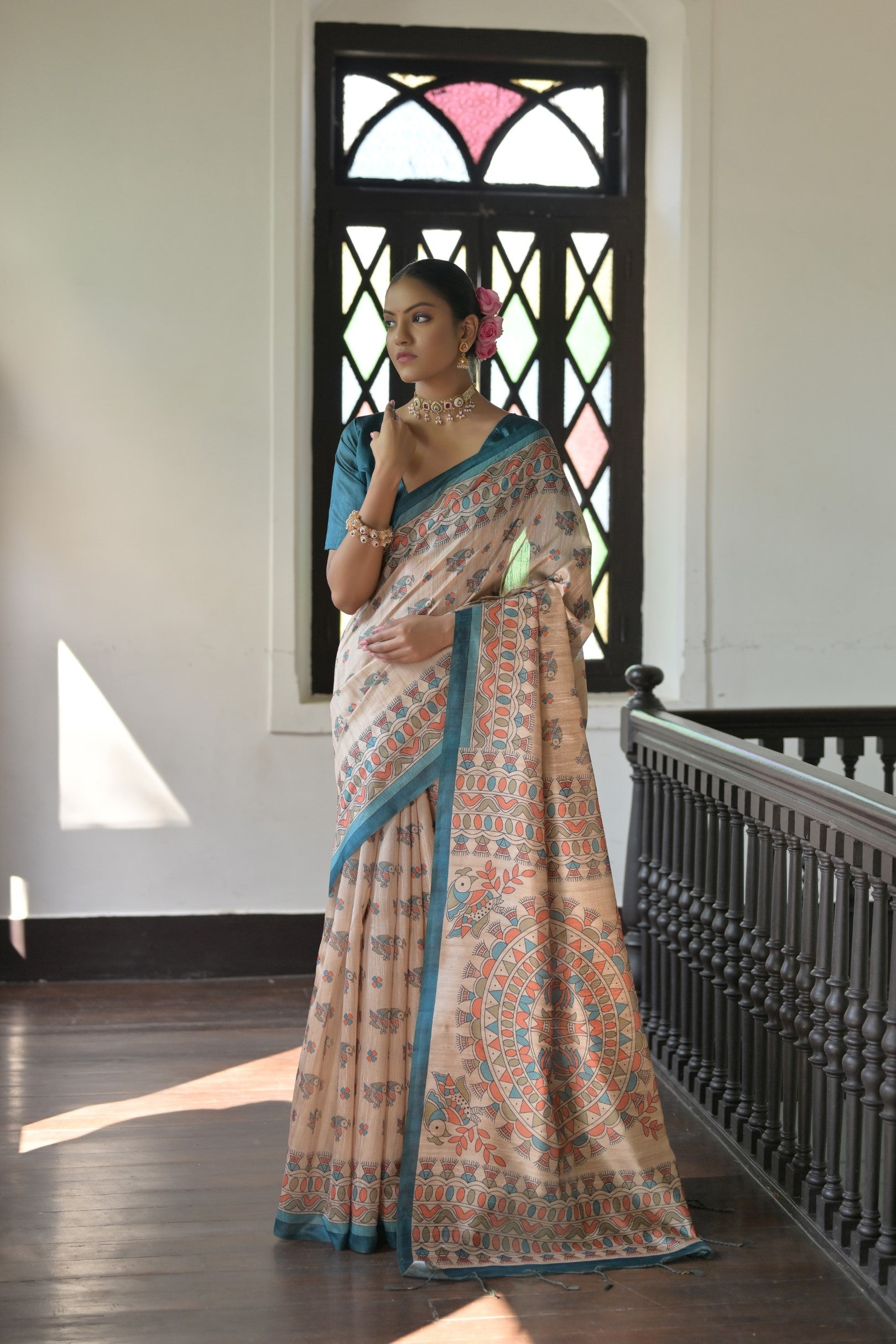 Peach Cream and Green Madhubani Printed Tussar Silk Saree