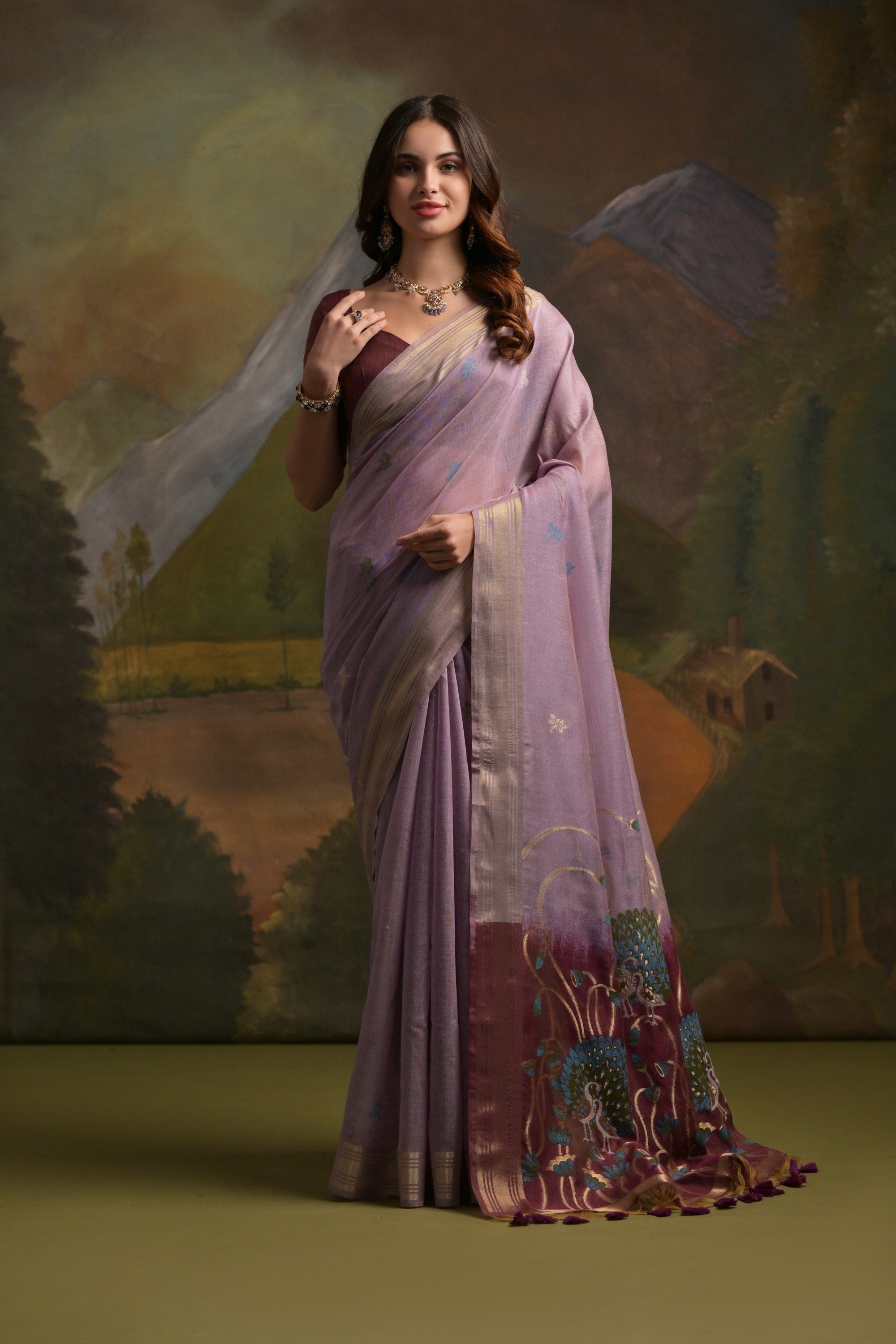 Light Mauve Purple Pichwai Woven Muga Cotton Saree