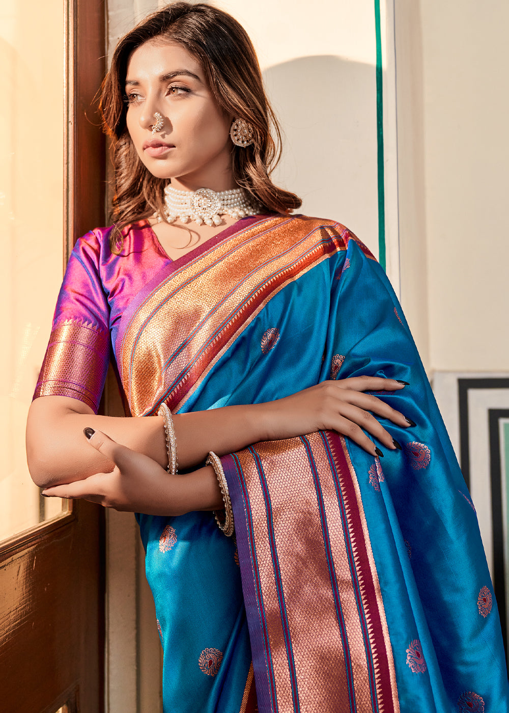 Azure Blue Woven Paithani Soft Silk Saree