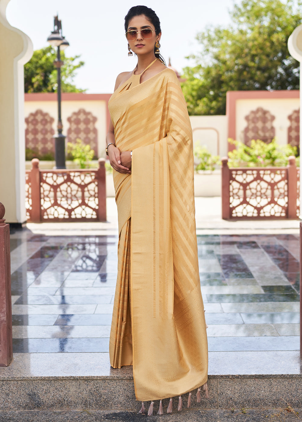 Gold Sand Cream Woven Lehriya Georgette Saree