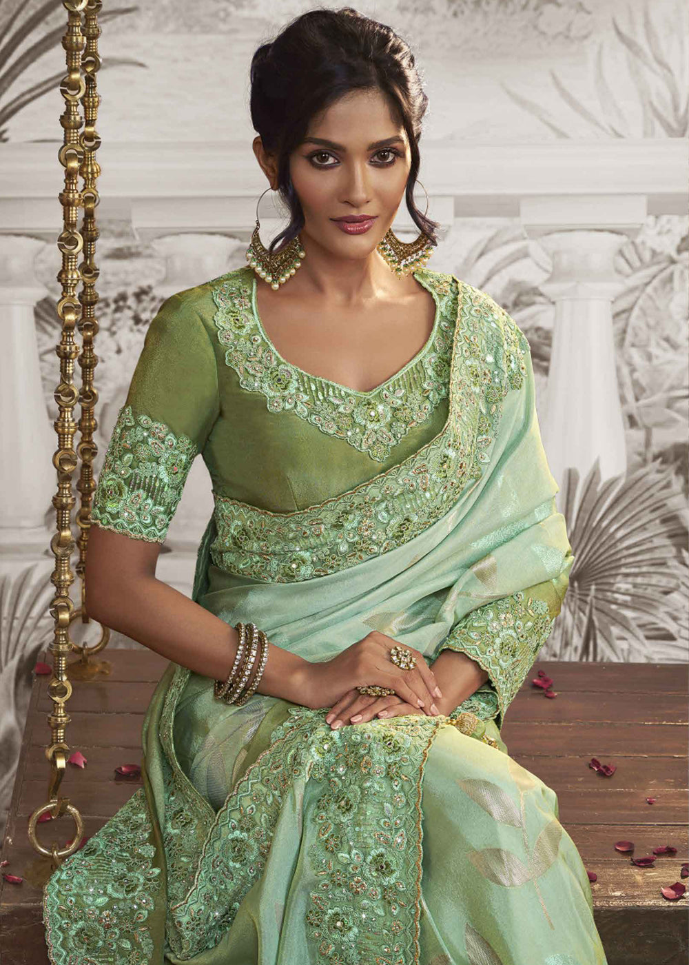 Mint Green Embroidered Designer Silk Saree