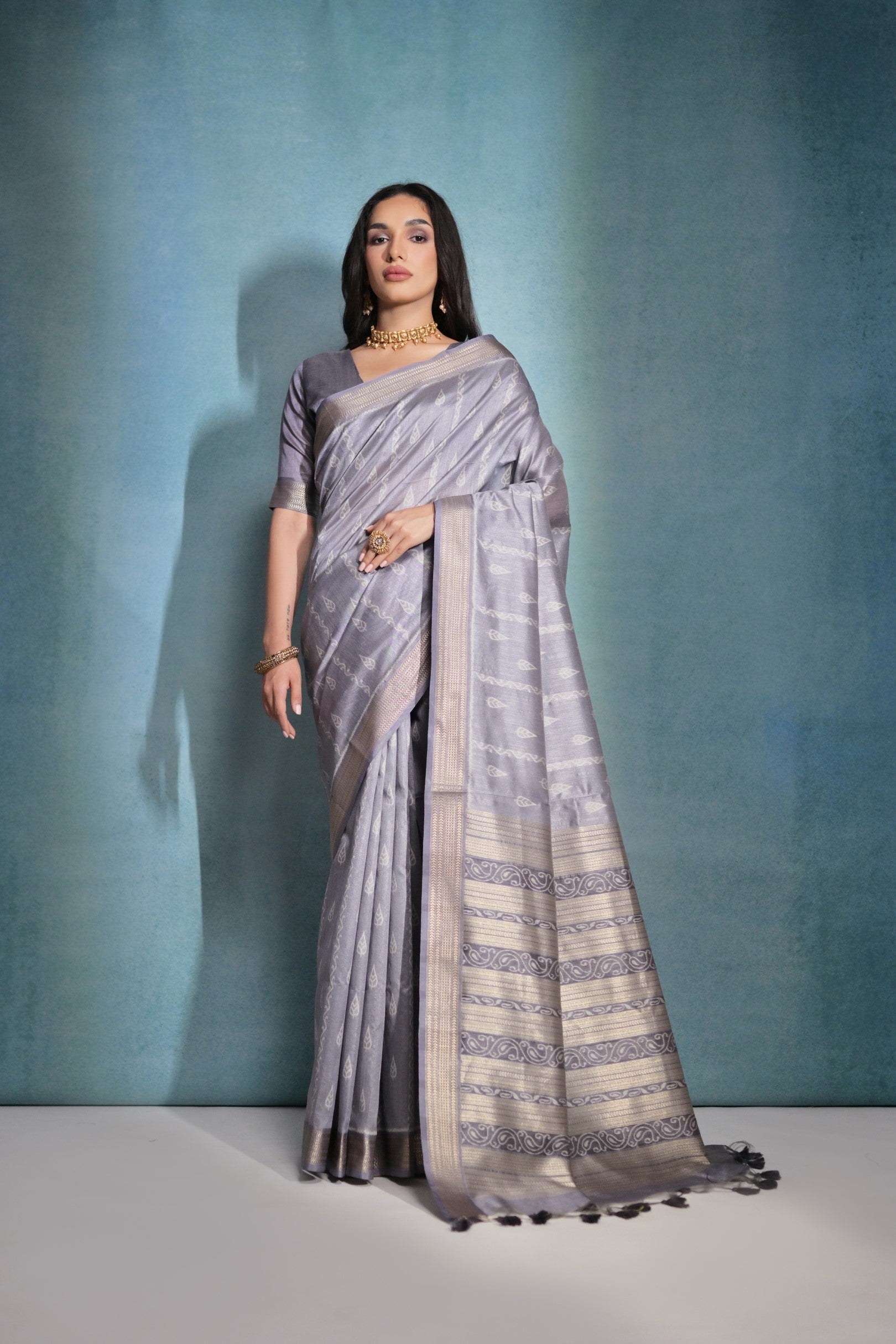 Mountain Mist Grey Ikkat Woven Raw Silk Saree