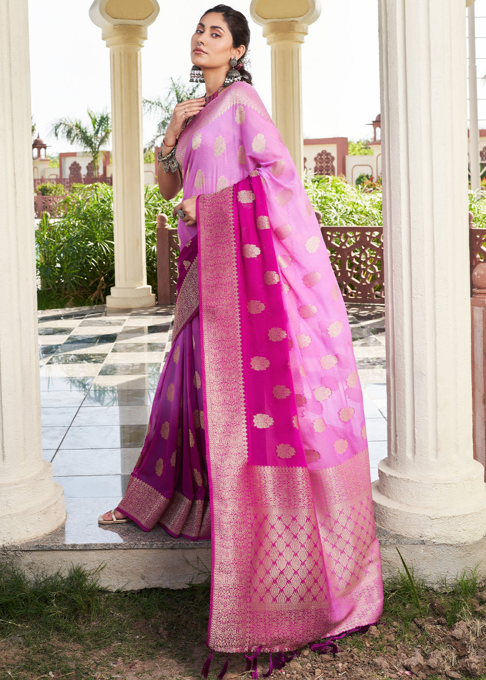 Tyrian Purple Zari Woven Georgette Saree