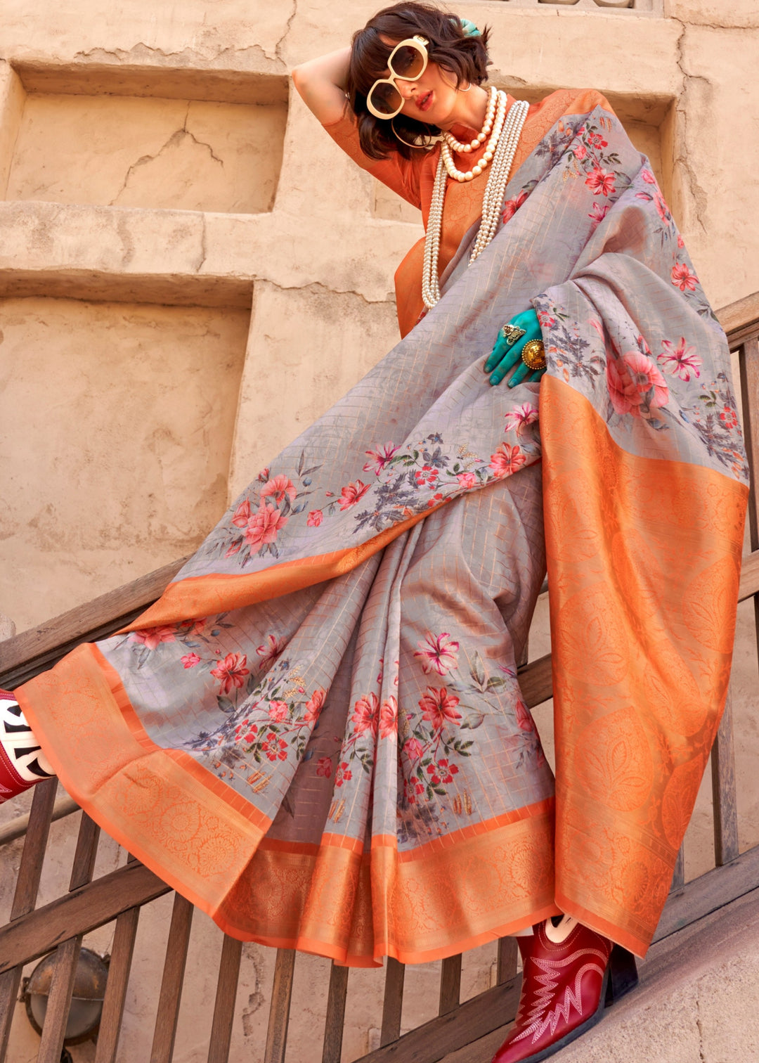 Cloudy Grey and Orange Georgette Handloom Printed Saree