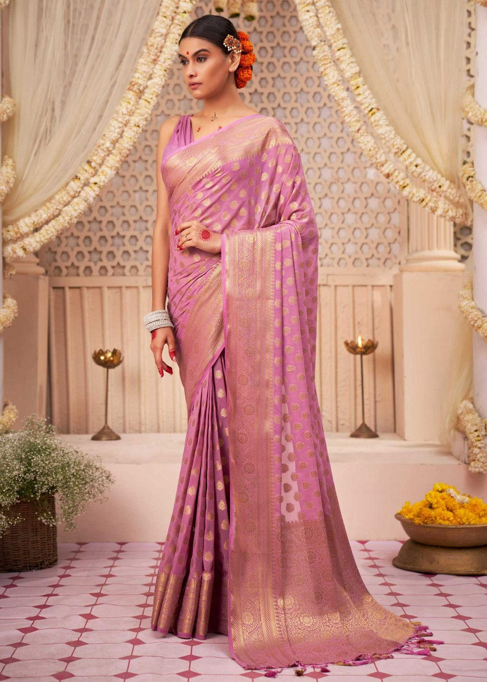 Kobi Pink Woven Georgette Saree