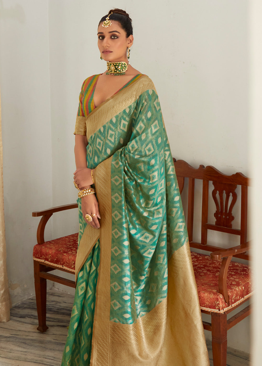 Killarney Green Woven Banarasi Organza Silk Saree