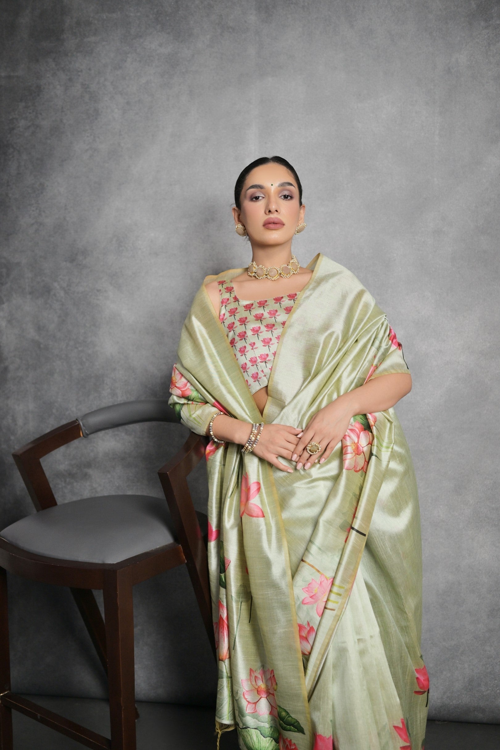 Moon Mist Green Floral Printed Tussar Silk Saree