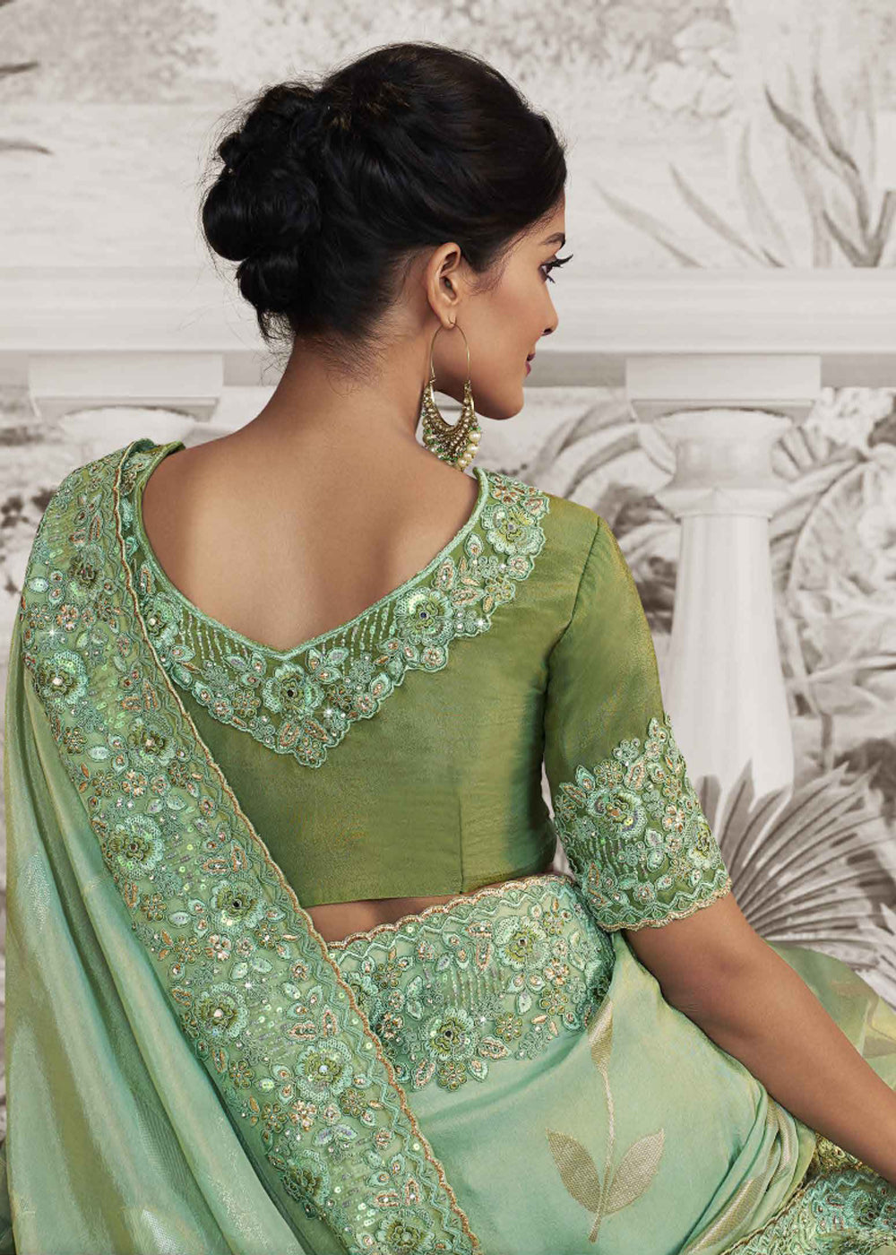 Mint Green Embroidered Designer Silk Saree