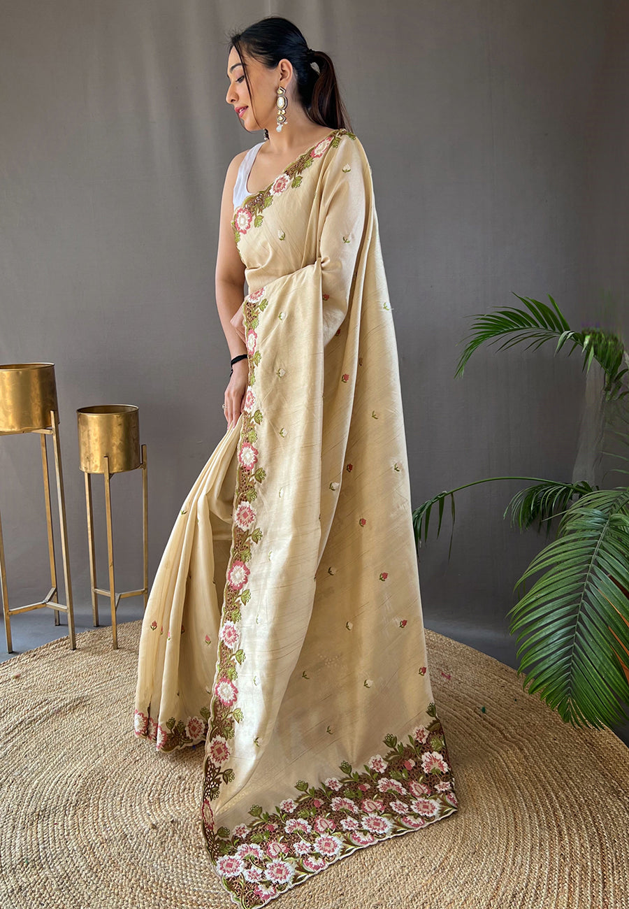 Spanish Craem Embroidered Tussar Silk Saree