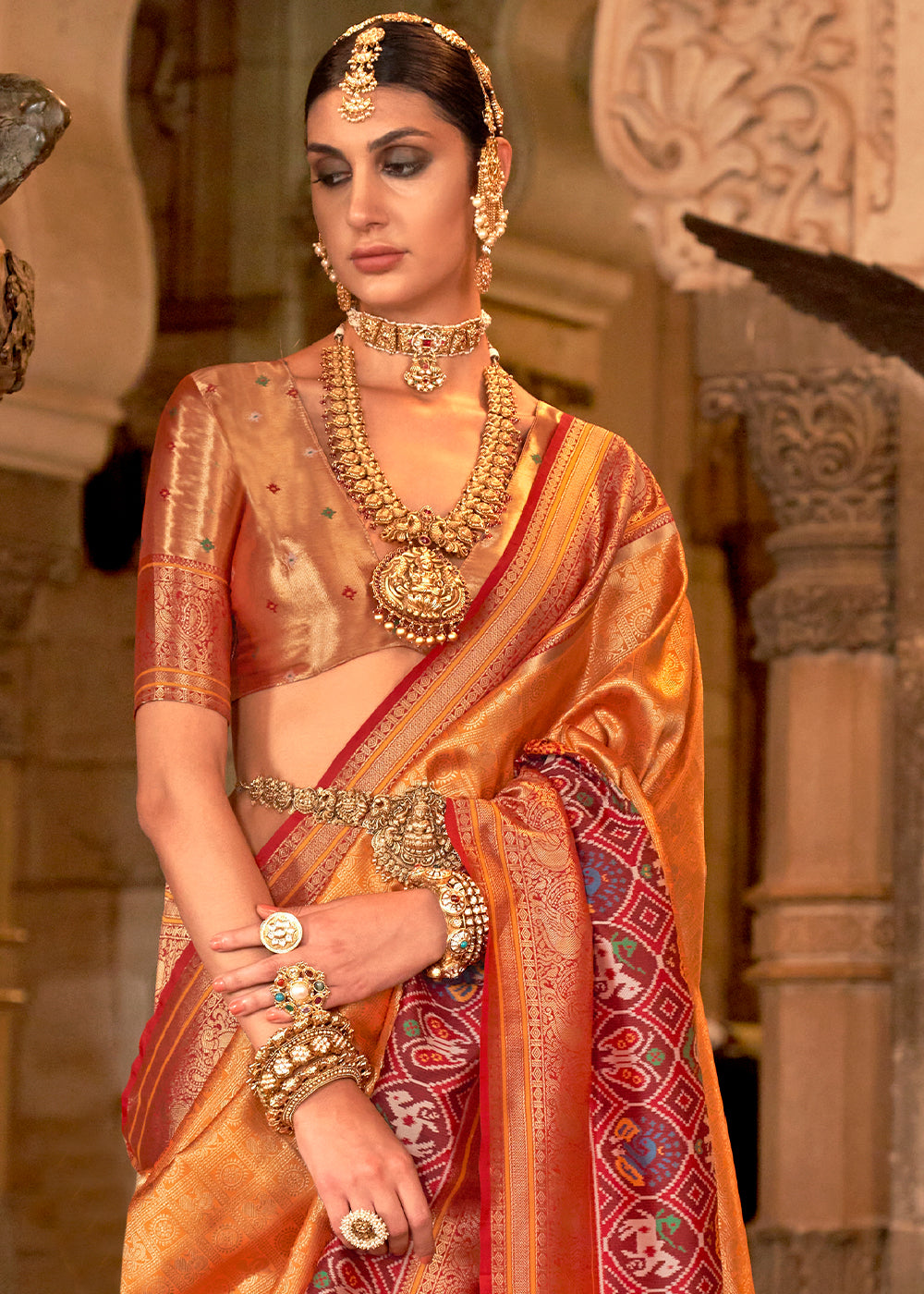 Raw Sienna Orange Zari Woven Banarasi Meenkari Silk Saree